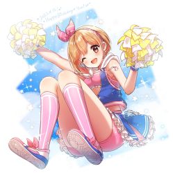 Rule 34 | 1girl, ;d, aiba yumi, blue skirt, blue sky, blush, cheerleader, cloud, dated, frilled skirt, frills, full body, happy birthday, highres, holding, holding pom poms, hood, hoodie, idolmaster, idolmaster cinderella girls, kneehighs, knees up, looking at viewer, natsumi (natumi06), one eye closed, open mouth, orange hair, outstretched arm, partially unzipped, pink shorts, pink tube top, pom pom (cheerleading), pom poms, short hair, shorts, shorts under skirt, skirt, sky, sleeveless, sleeveless hoodie, smile, socks, solo, sparkle, star (symbol), tube top
