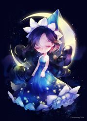 Rule 34 | 1girl, bad id, bad pixiv id, blue dress, chibi, closed eyes, closed mouth, cloud, commentary request, cookie run, crescent moon, crying, dress, earrings, elbow gloves, gloves, hat, highres, humanization, jewelry, long hair, moon, moonlight cookie, mooooong1008, purple hair, ruck, solo, strapless, strapless dress, tears, very long hair, white gloves