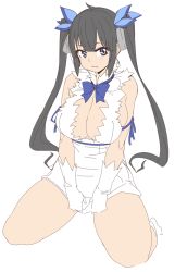 Rule 34 | 1girl, :3, black hair, blue bow, blue bowtie, blue eyes, bow, bowtie, breasts, cleavage, closed mouth, dress, dungeon ni deai wo motomeru no wa machigatteiru darou ka, gloves, hair bow, hestia (danmachi), highres, kneeling, large breasts, long hair, looking at viewer, miitoban, rei no himo, simple background, smile, solo, twintails, white background, white dress, white gloves