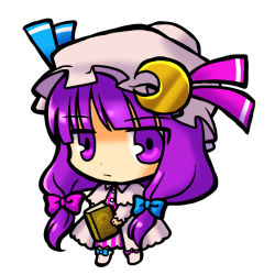 Rule 34 | 1girl, book, chibi, female focus, full body, hat, long hair, patchouli knowledge, purple eyes, purple hair, simple background, socha, solo, touhou, white background