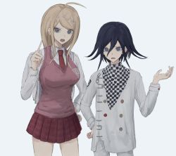 Rule 34 | 1boy, 1girl, ahoge, akamatsu kaede, black hair, blonde hair, breasts, checkered clothes, checkered scarf, collared shirt, commentary request, cowboy shot, danganronpa (series), danganronpa v3: killing harmony, fortissimo, frown, hair between eyes, hair ornament, hand up, highres, index finger raised, iumi urura, jacket, large breasts, long fingers, long hair, long sleeves, looking at viewer, miniskirt, musical note, musical note hair ornament, necktie, open mouth, oma kokichi, pants, pink sweater vest, pleated skirt, purple eyes, scarf, shirt, simple background, sixteenth note, skirt, sweater vest, teeth, upper teeth only, white background, white jacket, white shirt