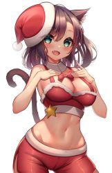 Rule 34 | 1girl, :d, animal ear fluff, animal ears, blush, breasts, brown hair, cat ears, cat tail, christmas, cleavage, contrapposto, cowboy shot, fang, green eyes, hair between eyes, hat, heart, heart-shaped pupils, highres, kaptivate, large breasts, looking at viewer, medium hair, midriff, navel, open mouth, original, pom pom (clothes), red hat, red shorts, santa costume, santa hat, shorts, simple background, smile, solo, standing, star (symbol), symbol-shaped pupils, tail, virtual youtuber, white background
