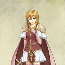 Rule 34 | 1girl, absurdres, armor, blonde hair, cape, commentary, cowboy shot, dakkalot, dress, elbow gloves, english commentary, fire emblem, fire emblem: genealogy of the holy war, gloves, green eyes, hair between eyes, hand on own chest, highres, holding, holding sword, holding weapon, lachesis (fire emblem), long hair, looking at viewer, nintendo, pauldrons, pink cape, pink gloves, pink lips, pink shirt, shirt, short dress, short sleeves, shoulder armor, smile, solo, standing, sword, thighhighs, weapon, white dress, yellow background, zettai ryouiki