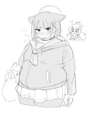 Rule 34 | !?, ..., 2girls, animal ears, annoyed, bag, blue archive, breasts, cat ears, fat, greyscale, hair behind ear, highres, holding, holding bag, hood, hood down, hoodie, kazusa (blue archive), looking at viewer, low twintails, medium breasts, monochrome, multiple girls, nimo (b45ui), pantyhose, reisa (blue archive), sailor collar, simple background, small breasts, sweatdrop, twintails, v-shaped eyebrows, white background
