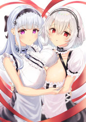 Rule 34 | 2girls, anchor choker, apron, azur lane, bad id, bad pixiv id, bare shoulders, black bow, black hairband, black skirt, blunt bangs, blush, bow, breast press, breasts, center frills, choker, cleavage, clothing cutout, collarbone, commentary request, dido (azur lane), dress, frilled apron, frilled choker, frilled dress, frilled sleeves, frills, hair between eyes, hair bow, hairband, halterneck, heart ribbon, highres, hiruno ushiro, hug, lace-trimmed hairband, lace trim, large breasts, long hair, looking at viewer, maid apron, multiple girls, parted lips, puffy short sleeves, puffy sleeves, purple eyes, red eyes, red ribbon, ribbon, shirt, short hair, short sleeves, sidelocks, sirius (azur lane), skirt, sleeveless, sleeveless shirt, standing, symmetrical docking, underboob, underboob cutout, upper body, waist apron, white apron, white background, white dress, white frills, white hair, white hairband, white shirt