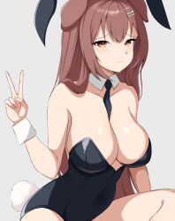 Rule 34 | animal ears, breasts, brown hair, cleavage, detached collar, dog ears, highres, hololive, inugami korone, large breasts, leotard, long hair, playboy bunny, red eyes, thighs, v, virtual youtuber, white background, white wrist cuffs, wrist cuffs, zeropen