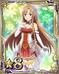 Rule 34 | 10s, 1girl, asuna (sao), breasts, brown eyes, brown hair, card (medium), cleavage, collarbone, elbow gloves, gloves, hair ornament, long hair, looking at viewer, matching hair/eyes, medium breasts, pleated skirt, red skirt, see-through, skirt, smile, solo, star (symbol), sword art online, thighhighs, white gloves, white thighhighs, zettai ryouiki