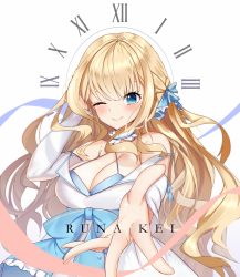 Rule 34 | 1girl, blonde hair, blue bow, blue eyes, blush, bow, breasts, character name, choker, cleavage, commentary, dress, english commentary, frilled choker, frills, hair bow, highres, large breasts, long hair, lumilive, one eye closed, open hand, outstretched arm, runa kei, smile, solo, therrao, upper body, virtual youtuber, white dress, wrist cuffs