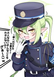 Rule 34 | +++, 1girl, belt, blue archive, blush, commentary request, fang, gloves, green hair, green halo, halo, hat, highres, long hair, long sleeves, looking at viewer, mesugaki, open mouth, pointy ears, shako cap, simple background, skin fang, smile, solo, spoken www, tomimon, translated, twintails, upper body, whistle, white background, white gloves, yellow eyes