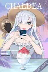 Rule 34 | 1girl, anastasia (fate), anastasia (swimsuit archer) (fate), anastasia (swimsuit archer) (first ascension) (fate), cellphone, doll, dress, fate/grand order, fate (series), fingernails, food, hair over one eye, hat, highres, jaheterbang, long hair, phone, shaved ice, silver hair, smartphone, spoon, straw hat, sundress, taking picture, twilight, viy (fate)