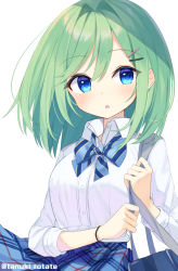 Rule 34 | 1girl, bag, blue bow, blue eyes, blue skirt, blush, bow, breasts, collared shirt, commentary request, diagonal-striped bow, dress shirt, green hair, hair between eyes, hair intakes, hair ornament, hairclip, highres, long hair, long sleeves, looking at viewer, medium breasts, original, parted lips, plaid, plaid skirt, pleated skirt, school bag, school uniform, shirai tanuki, shirt, simple background, skirt, solo, striped, striped bow, takeda emi, twitter username, white background, white shirt