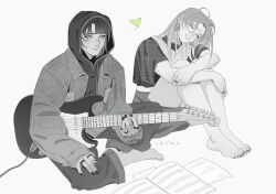 Rule 34 | 2girls, absurdres, androgynous, artist name, audio cable, barefoot, black nails, blunt bangs, blush, cable, closed eyes, crossed ankles, crossed arms, earrings, electric guitar, feet, fender stratocaster, full body, greyscale, guitar, head tilt, heart, highres, hood, hood up, hoodie, indian style, instrument, jacket, jewelry, kininatteru hito ga otoko ja nakatta, knees up, koga mitsuki, lais leite, looking at another, monochrome, multiple girls, multiple rings, nail polish, on floor, oosawa aya, pants, paper, ring, sheet music, sitting, skirt, smile, spot color, sweater vest, toenail polish, toenails