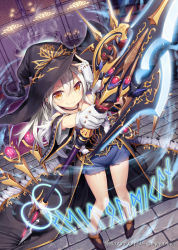 Rule 34 | &gt;:), 1girl, akkijin, black gloves, carpet, gloves, hat, holding, holding weapon, indoors, looking at viewer, looking up, magical girl, official art, polearm, red carpet, runes, shinkai no valkyrie, short shorts, shorts, silver hair, spear, weapon, witch hat, yellow eyes