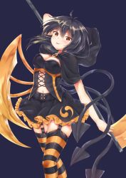 Rule 34 | 1girl, :p, absurdres, adapted costume, akiteru (akiteru98), alternate eye color, alternate wing color, antenna hair, arm up, asymmetrical wings, bad id, bad twitter id, black capelet, black hair, black skirt, black thighhighs, black wings, blue background, blush, breasts, brooch, capelet, cleavage, commentary request, cross-laced clothes, feet out of frame, garter straps, hair between eyes, highres, holding, holding weapon, hood, hooded capelet, houjuu nue, jewelry, looking at viewer, medium breasts, miniskirt, navel, orange eyes, orange thighhighs, orange wings, petticoat, polearm, short hair, simple background, skindentation, skirt, smile, solo, striped clothes, striped thighhighs, thighhighs, thighs, tongue, tongue out, touhou, trident, weapon, wings, zettai ryouiki