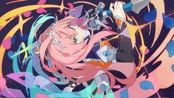 Rule 34 | 1girl, aura, bodysuit, closed mouth, cropped jacket, dreamamkw, eclair (world flipper), green eyes, highres, holding, holding sword, holding weapon, long hair, looking at viewer, looking up, outstretched arms, petals, pink hair, puffy short sleeves, puffy sleeves, short sleeves, smile, solo, sword, tiara, weapon, world flipper