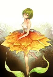 Rule 34 | 1girl, alternate costume, bare arms, bare shoulders, barefoot, breasts, cleavage, collarbone, commentary request, dress, forest, green hair, grin, hair between eyes, head tilt, highres, kazami yuuka, looking at viewer, medium breasts, multicolored clothes, multicolored dress, nature, orange dress, parted lips, red eyes, short hair, smile, solo, standing, standing on one leg, strapless, strapless dress, touhou, u u zan, white dress