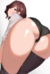 Rule 34 | 1girl, absurdres, apple (ygbhjdbiulsg), ass, ass focus, black panties, black thighhighs, cameltoe, highres, higuchi madoka, idolmaster, idolmaster shiny colors, lace, lace-trimmed panties, lace trim, leaning forward, looking at viewer, looking back, mole, mole under eye, panties, red eyes, red hair, shirt, short hair, simple background, solo, sweatdrop, thighhighs, underwear, undressing, wavy hair, white background, white shirt