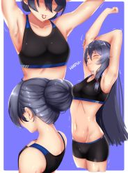 Rule 34 | absurdres, adjusting hair, alternate hairstyle, armpits, arms up, back, black hair, border, breasts, closed eyes, closed mouth, fu hua, hair between eyes, highres, honkai (series), honkai impact 3rd, in mouth, lion space, long hair, nape, navel, purple background, small breasts, sports bra, stretching
