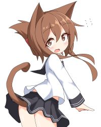 Rule 34 | 1girl, animal ears, ass, black sailor collar, black skirt, blush, brown eyes, brown hair, cat ears, cat girl, cat tail, commentary, flying sweatdrops, folded ponytail, highres, ichi (ichi.colors), inazuma (kancolle), kantai collection, kemonomimi mode, long hair, long sleeves, open mouth, pleated skirt, sailor collar, school uniform, serafuku, shirt, sidelocks, simple background, skirt, solo, symbol-only commentary, tail, tail raised, thighs, white background, white shirt