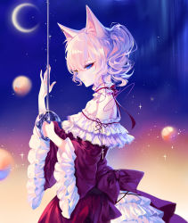 Rule 34 | 1girl, absurdres, animal ears, artist name, aurora, bare shoulders, blue eyes, cat ears, collar, crescent moon, dress, earrings, frilled sleeves, frills, hand up, highres, holding, holding sword, holding weapon, jewelry, left-handed, light particles, long sleeves, moon, off-shoulder dress, off shoulder, original, purple dress, rapier, sheya, short hair, signature, silver hair, solo, sword, upper body, weapon, wide sleeves