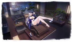 1girl absurdres ahoge architecture arm_up ass azur_lane between_breasts blue_eyes blue_footwear blue_gloves blush bodystocking breasts china_dress chinese_clothes cleavage cleavage_cutout clothes_between_thighs clothing_cutout crossed_legs dress east_asian_architecture feet flats flower framed_breasts full_body full_moon gloves grey_hair gujianshaonu hair_between_eyes hat high_heels highres hip_vent lace lace-trimmed_legwear lace_trim large_breasts legs long_hair long_legs long_sleeves looking_at_viewer lying magazine_(object) mainz_(a_blend_of_serenity)_(azur_lane) mainz_(azur_lane) moon mountainous_horizon no_bra no_panties non-web_source official_alternate_costume official_art on_back pantyhose parted_lips pelvic_curtain purple_dress reclining revealing_clothes rigging shoe_dangle shoes single_shoe sitting skindentation solo tassel thighhighs thighs tree underboob underboob_cutout underwear unworn_shoe very_long_hair white_bodystocking white_footwear white_hair white_pantyhose white_thighhighs wide_sleeves window