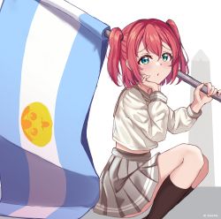 Rule 34 | 1girl, absurdres, argentinian flag, chestnut mouth, commentary request, cotton candy ei-ei-oh!, flag, green eyes, grey sailor collar, grey skirt, hair between eyes, hand on own face, hand up, highres, holding, holding flag, kurosawa ruby, light blush, linatai, long sleeves, looking at viewer, love live!, love live! sunshine!!, meme, mixed-language commentary, pleated skirt, red hair, sailor collar, school uniform, shirt, skirt, socks, solo, spanish commentary, squatting, twintails, twitter username, uranohoshi school uniform, white background, white shirt