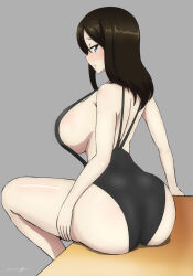 Rule 34 | 1girl, ass, black hair, black one-piece swimsuit, blue eyes, blush, breasts, bukkuri, dated, girls und panzer, grey background, highres, large breasts, long hair, looking at viewer, nonna (girls und panzer), one-piece swimsuit, open mouth, shiny skin, sideboob, simple background, sitting, solo, swimsuit