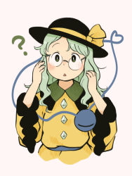 Rule 34 | 1girl, chii-kun (seedyoulater), commentary request, confused, glasses, green eyes, green hair, komeiji koishi, long hair, long sleeves, looking at viewer, skirt, third eye, touhou, wide sleeves, yellow skirt