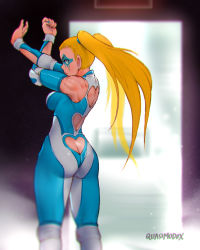 Rule 34 | 1girl, absurdres, alt text, artist name, ass, ass cutout, bare shoulders, blonde hair, blue eyes, blurry, blurry background, breasts, butt crack, capcom, clenched hand, closed mouth, clothing cutout, commentary, elbow pads, facepaint, fingernails, heart cutout, highres, lips, long hair, looking at viewer, looking back, medium breasts, muscular, muscular female, quasimodox, rainbow mika, revealing clothes, shiny clothes, signature, simple background, skin tight, sleeveless, solo, street fighter, street fighter 6, stretching, twintails, wrestling outfit, wrestling ring
