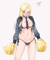 Rule 34 | 1girl, absurdres, bikini, black bikini, black necktie, black sailor collar, blonde hair, breasts, commentary request, cowboy shot, dated, grey eyes, grey jacket, highres, holding, holding pom poms, hornet (kancolle), jacket, kantai collection, large breasts, long hair, looking at viewer, maru (marg0613), necktie, open clothes, open jacket, pom pom (cheerleading), pom poms, sailor collar, side-tie bikini bottom, simple background, solo, standing, swimsuit, twitter username, white background
