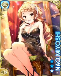 Rule 34 | 1girl, bare arms, black dress, braid, breasts, brown eyes, brown hair, card medium), chair, character name, cleavage, dress, girlfriend (kari), indoors, jewelry, long hair, mansion, miyoshi nao, night, official art, open mouth, qp:flapper, sitting, smile, solo, tagme, window