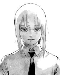 Rule 34 | 1girl, ahn dongshik, black necktie, braid, braided ponytail, business suit, chainsaw man, close-up, collared shirt, expressionless, formal, greyscale, highres, long hair, looking at viewer, makima (chainsaw man), monochrome, necktie, ringed eyes, shirt, solo, suit, white background, white shirt