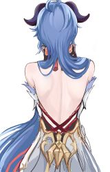 Rule 34 | 1girl, absurdres, ahoge, back, back focus, backless outfit, bare back, blue hair, bodystocking, bodysuit, bodysuit under clothes, commentary, detached sleeves, dress, facing away, from behind, ganyu (genshin impact), genshin impact, goat horns, gold trim, highres, horns, long hair, ritou08, shoulder blades, simple background, sketch, solo, tassel, white background, white dress