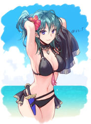 Rule 34 | 1girl, aqua hair, arms up, bikini, black bikini, blue eyes, breasts, byleth (female) (fire emblem), byleth (female) (summer) (fire emblem), byleth (fire emblem), cleavage, closed mouth, dagger, fire emblem, fire emblem: three houses, fire emblem heroes, flower, hair flower, hair ornament, knife, large breasts, looking at viewer, nintendo, official alternate costume, sheath, sheathed, smile, solo, swimsuit, twitter username, weapon, yamigo
