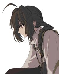 Rule 34 | 1other, ahoge, androgynous, black hair, black pants, braid, braided ponytail, brown eyes, closed mouth, commentary, corrupted twitter file, fate/samurai remnant, fate (series), from side, hair intakes, highres, japanese clothes, jewelry, long hair, necklace, pants, profile, yamato takeru (fate), simple background, solo, white background, yumeko (fgo39625963)