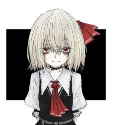 Rule 34 | 1girl, aizettonagi, ascot, belt, belt collar, black vest, blonde hair, closed mouth, collar, collared shirt, commentary, hair ribbon, highres, medium hair, puffy short sleeves, puffy sleeves, red ascot, red eyes, red ribbon, ribbon, rumia, sanpaku, shaded face, shirt, short sleeves, simple background, sinister, smile, solo, touhou, upper body, vest, white belt, white shirt
