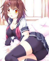 Rule 34 | 1girl, :d, arm support, ass, asymmetrical legwear, black sailor collar, black skirt, black socks, blush, bodysuit, breasts, brown hair, cleavage, collarbone, commentary request, curtains, elbow gloves, furutaka (kancolle), furutaka kai ni (kancolle), gloves, hair intakes, hair ornament, hairclip, heterochromia, kantai collection, kneehighs, large breasts, looking at viewer, lying, mismatched legwear, neckerchief, on side, open clothes, open mouth, open shirt, pillow, pleated skirt, red neckerchief, sailor collar, school uniform, serafuku, short hair, short sleeves, single elbow glove, single thighhigh, skirt, smile, socks, solo, tamagawa yukimaru, thighhighs, twitter username, window, yellow eyes