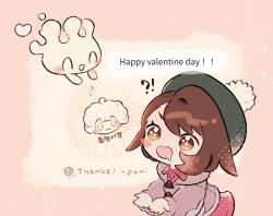 Rule 34 | !?, 1girl, :d, bede (pokemon), blush stickers, bob cut, brown eyes, brown hair, buttons, cardigan, chibi, collared dress, commentary, creatures (company), dress, drooling, game freak, gen 8 pokemon, gloria (pokemon), green headwear, grey cardigan, happy valentine, hat, looking up, milcery, mouth drool, nintendo, open mouth, pink dress, pokemon, pokemon (creature), pokemon swsh, short hair, smile, tam o&#039; shanter, thank you, valentine, zzzpani