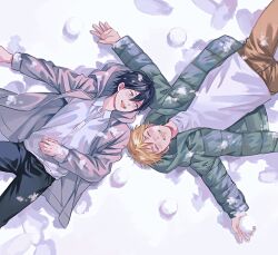 Rule 34 | 2boys, am88121, black hair, blonde hair, brown pants, chainsaw man, collared shirt, denji (chainsaw man), facing up, green jacket, hair between eyes, hayakawa aki, highres, holding, holding snowball, jacket, looking at another, multiple boys, on ground, open mouth, pants, sharp teeth, shirt, shirt tucked in, short hair, smile, snow, snowball, teeth, white shirt