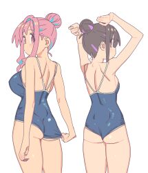 Rule 34 | 2girls, absurdres, arms up, ass, backboob, blue one-piece swimsuit, breasts, brown hair, clothes pull, cowboy shot, hair bun, highres, hozuki kaede, imamura ryou, looking at viewer, looking back, medium breasts, multicolored hair, multiple girls, one-piece swimsuit, onii-chan wa oshimai!, oyama mihari, pink hair, short hair, sidelocks, simple background, small breasts, standing, streaked hair, swimsuit, wedgie, white background