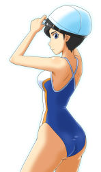 Rule 34 | 10s, 1girl, ass, bare shoulders, black hair, blue eyes, competition school swimsuit, cowboy shot, goggles, goggles on head, goriate, kumashiro maya, looking at viewer, looking back, one-piece swimsuit, school swimsuit, seikimatsu occult gakuin, solo, standing, swim cap, swimsuit
