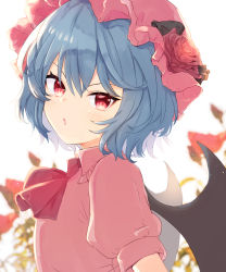 Rule 34 | 1girl, aoi (annbi), bat wings, blue hair, commentary request, flower, hat, hat flower, highres, looking at viewer, mob cap, open mouth, pink hat, pink shirt, red eyes, red neckwear, remilia scarlet, rose, shirt, short hair, short sleeves, solo, touhou, upper body, white background, wings