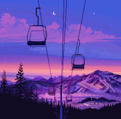 Rule 34 | building, cloud, commentary, crescent moon, dusk, english commentary, forest, gradient sky, jubilee (8pxl), moon, mountain, mountainous horizon, nature, night, night sky, no humans, original, outdoors, pixel art, scenery, silhouette, ski lift, sky, star (sky), sunset, tree