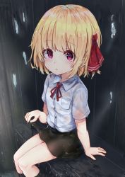 Rule 34 | 1girl, bench, black skirt, black socks, blonde hair, blouse, blush, bow, bowtie, commentary request, ears visible through hair, from above, hair bow, hair ribbon, highres, kneehighs, light rays, looking at viewer, miniskirt, necktie, on bench, rain, red bow, red bowtie, red eyes, red ribbon, ribbon, rumia, see-through, shirt, short hair, short sleeves, sitting, skirt, skirt hold, socks, solo, thighhighs, touhou, wet, wet clothes, wet hair, white shirt, wing collar, wooden bench, wowoguni