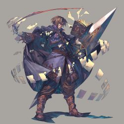 Rule 34 | 1boy, baggy pants, blue cloak, book, brown hair, capelet, character request, cloak, closed mouth, floating, floating book, floating object, glasses, holding, holding sword, holding weapon, kazama raita, lezard valeth, long sleeves, looking at viewer, male focus, pants, paper, simple background, solo, sword, valkyrie anatomia, valkyrie profile (series), weapon
