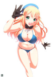 Rule 34 | 10s, 1girl, :d, \||/, atago (kancolle), bikini, black gloves, blonde hair, blush, breasts, cleavage, female focus, gloves, green eyes, hat, highres, kantai collection, large breasts, long hair, looking at viewer, navel, ookami maito, open mouth, running, simple background, smile, solo, swimsuit, white background