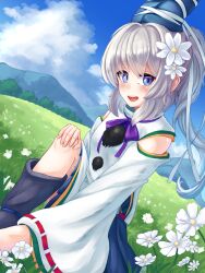 Rule 34 | 1girl, black footwear, blue eyes, blue hat, blue skirt, blue sky, blush, boots, bow, bowtie, breasts, cloud, commentary, day, fingernails, flower, foot out of frame, grass, grey hair, hand on own knee, hat, highres, japanese clothes, kariginu, long hair, long sleeves, looking at viewer, medium bangs, mononobe no futo, open mouth, outdoors, pom pom (clothes), ponytail, purple bow, purple bowtie, pygrenix, ribbon-trimmed sleeves, ribbon trim, skirt, sky, small breasts, solo, tate eboshi, teeth, touhou, tree, upper teeth only, white flower, wide sleeves