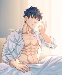Rule 34 | 1boy, abs, absurdres, bed, black hair, blanket, brown eyes, dress shirt, fate/grand order, fate (series), highres, looking at viewer, male focus, muscular, muscular male, one eye closed, open clothes, open shirt, pectorals, saitou hajime (fate), shirt, short hair, sitting, sleeves rolled up, sunlight, twitter username, under covers, white shirt, yaekaidou