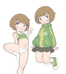 Rule 34 | 1girl, black skirt, blush, bra, breasts, brown hair, closed mouth, female focus, foot out of frame, full body, green bra, green footwear, green jacket, green sports bra, highres, jacket, leg up, long sleeves, looking at viewer, miniskirt, multiple views, navel, open mouth, panties, persona, persona 4, qtkat, satonaka chie, short hair, simple background, skirt, small breasts, smile, socks, sports bra, standing, standing on one leg, thighs, underwear, underwear only, v, white background, white panties, white socks, zipper pull tab