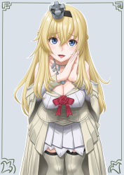 Rule 34 | 1girl, blonde hair, blue background, blue eyes, bow, bowtie, braid, breasts, cleavage, commentary request, crown, dress, flower, french braid, highres, jewelry, kantai collection, large breasts, leaning forward, long hair, long sleeves, looking at viewer, mini crown, necklace, off-shoulder dress, off shoulder, open mouth, own hands together, red flower, red ribbon, red rose, ribbon, rose, smile, solo, standing, t2r, thighhighs, warspite (kancolle), white dress, white thighhighs
